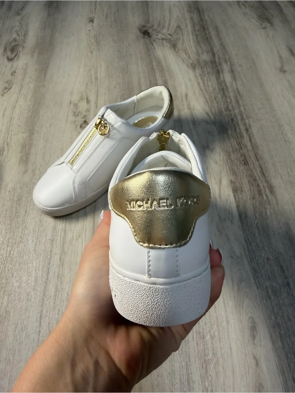 Michael Kors White Leather Zip-Front Sneakers with Gold Hardware